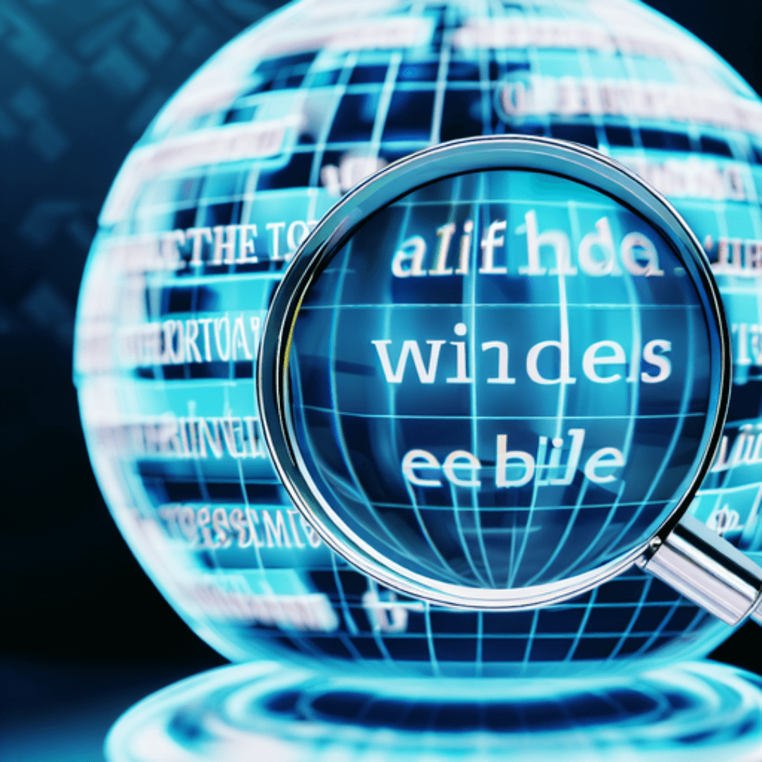 A magnifying glass hovers over a rotating globe made up of words signifying webpage titles. The globe gradually transforms, revealing new words, representing the regular updating of webpage titles. In the background, line graphs depict improved SEO performance and organic traffic, embodying the blog post's theme of optimizing webpage titles for SEO.
